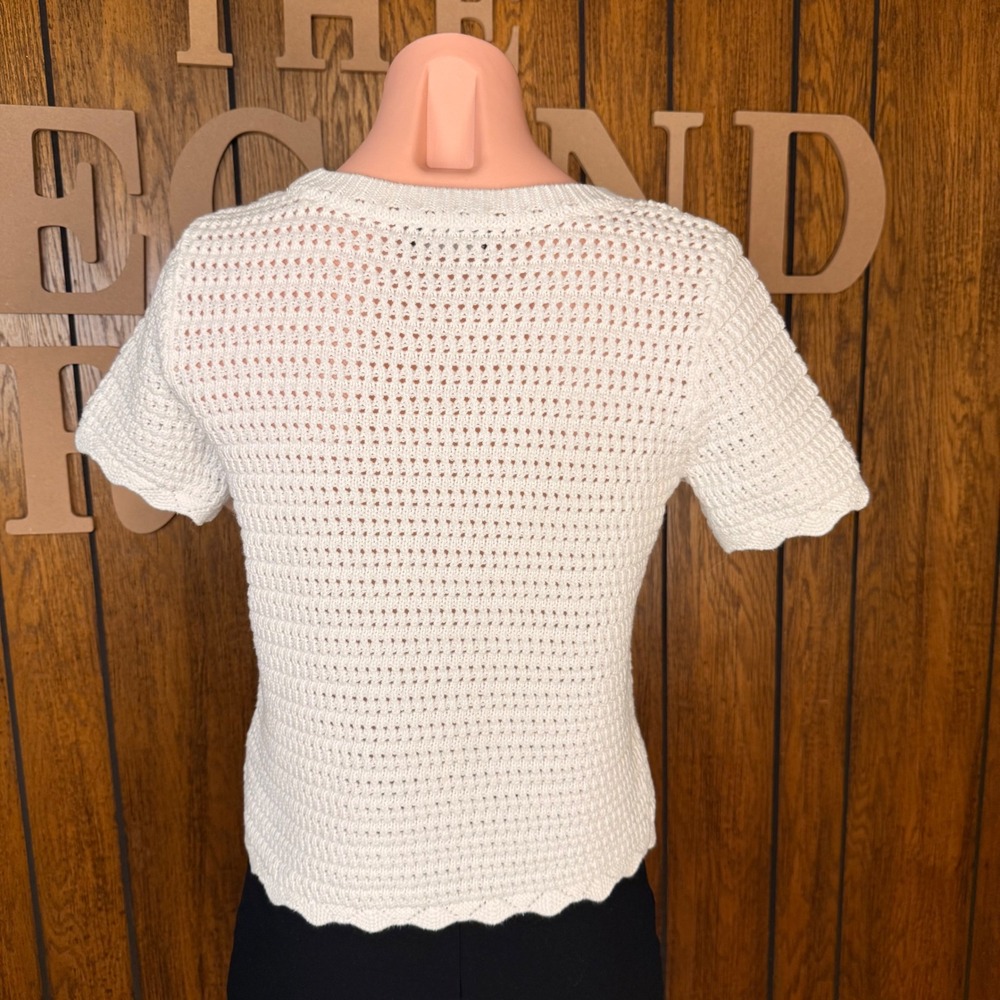 Gap Crochet Knit Sweater Women XS White Scalloped Hem Coastal Cottage Boho Top - Picture 4 of 5